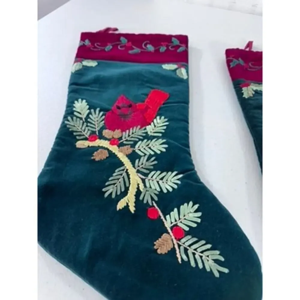 Set OF 2, Cardinal,‎ Velvet Stockings,Embroidered,Ribbons, Christmas,Decor
